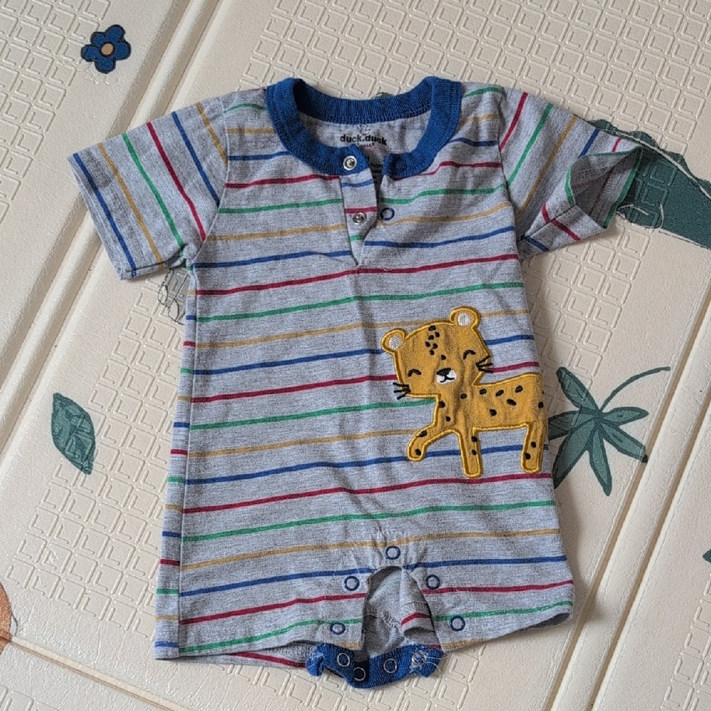 Duck Duck Goose Striped Baby Romper With Cheetah